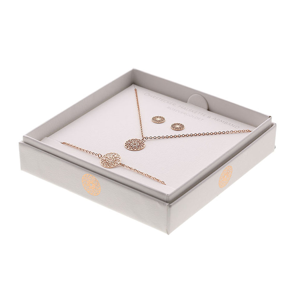 Geschenkset - Halskette-Armband-Ohrstecker - rosévergoldet - Mandala des Glücks