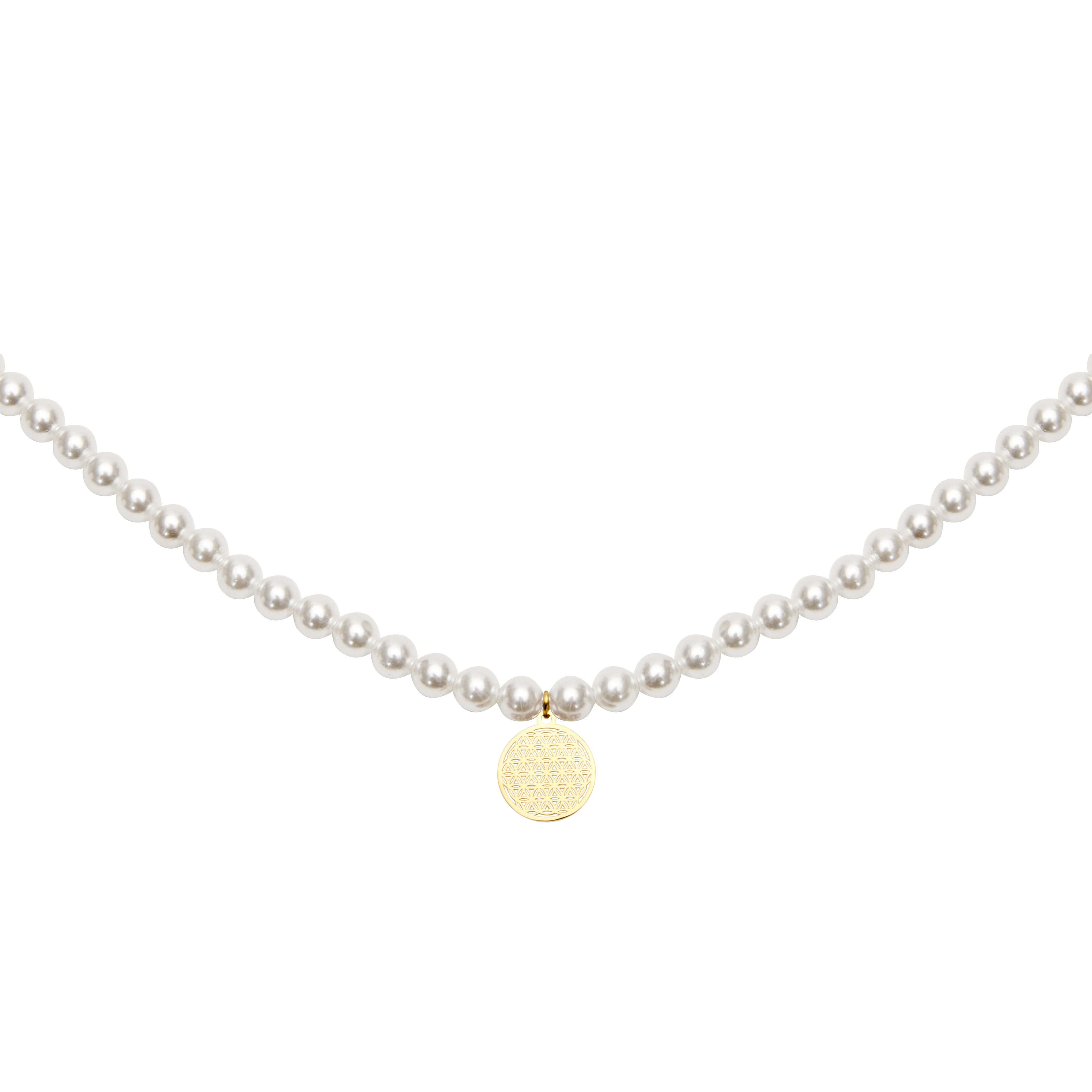 Perlenhalskette mit Symbol - vergoldet - Blume des Lebens