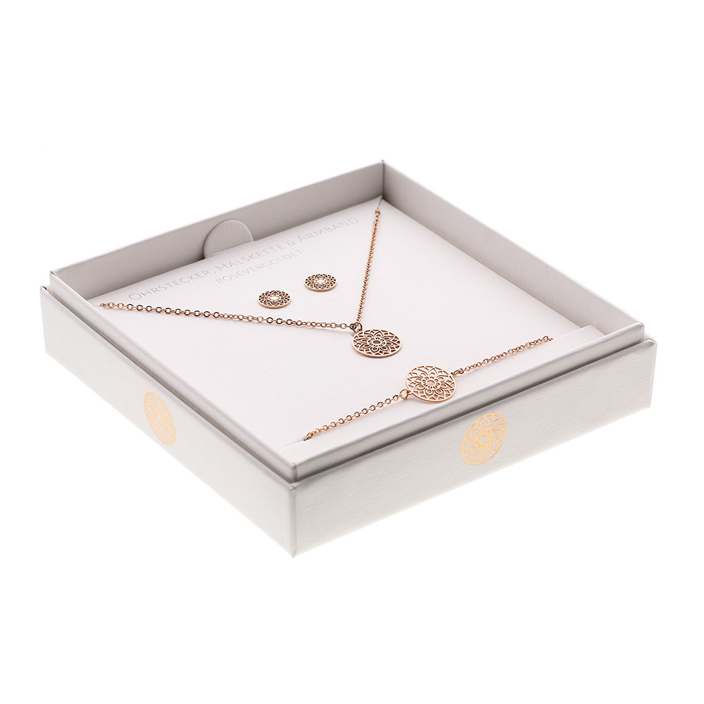 Geschenkset - Halskette-Armband-Ohrstecker - rosévergoldet - Mandala des Glücks