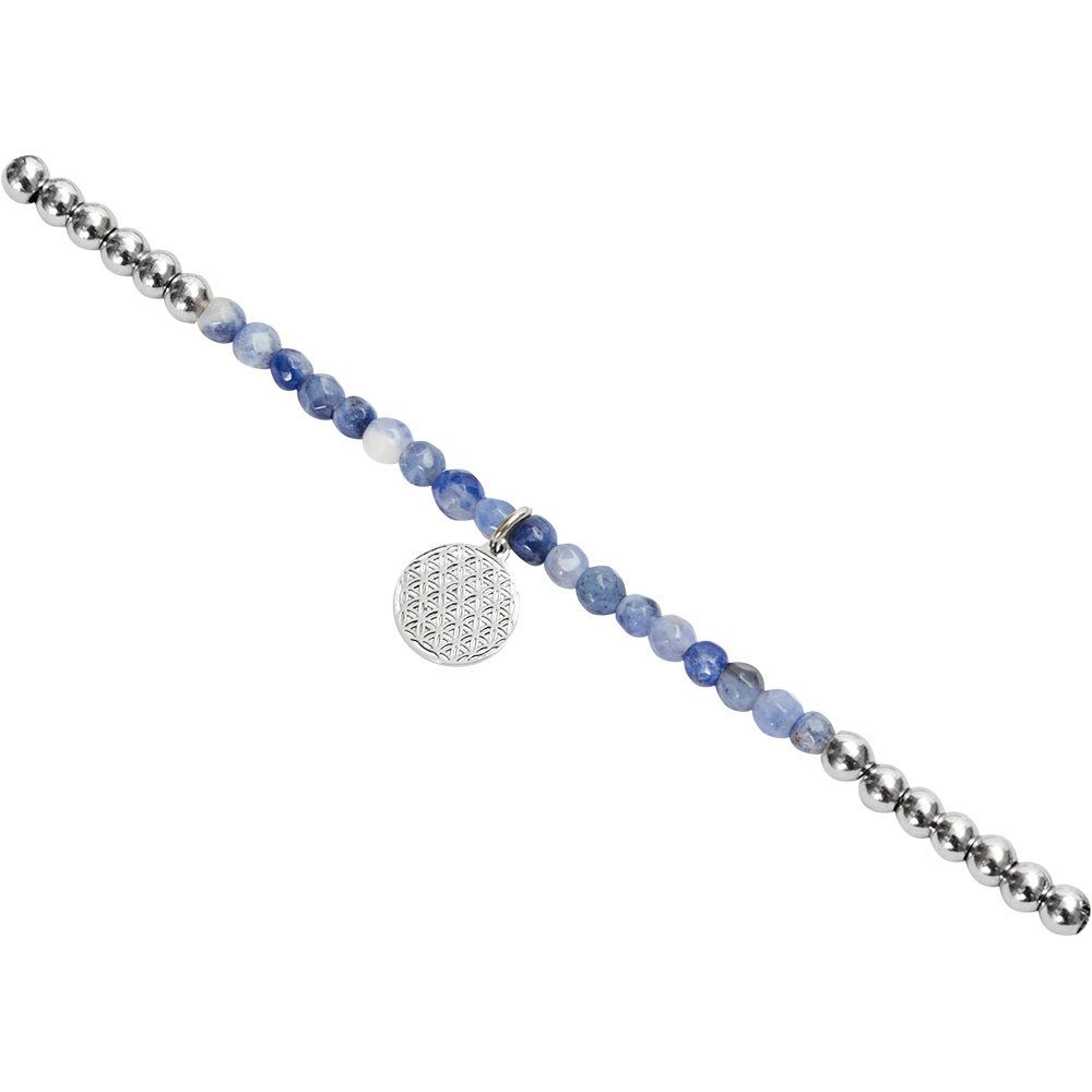 Echtstein-Kugelarmband - "Natürlich schön" - Blauer Sodalith - Edelstahl - Blume des Lebens
