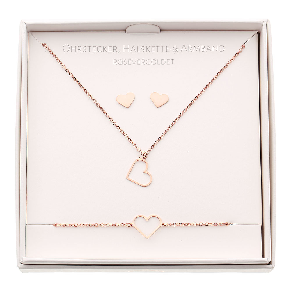 Geschenkset - Halskette-Armband-Ohrstecker - rosévergoldet - Herz