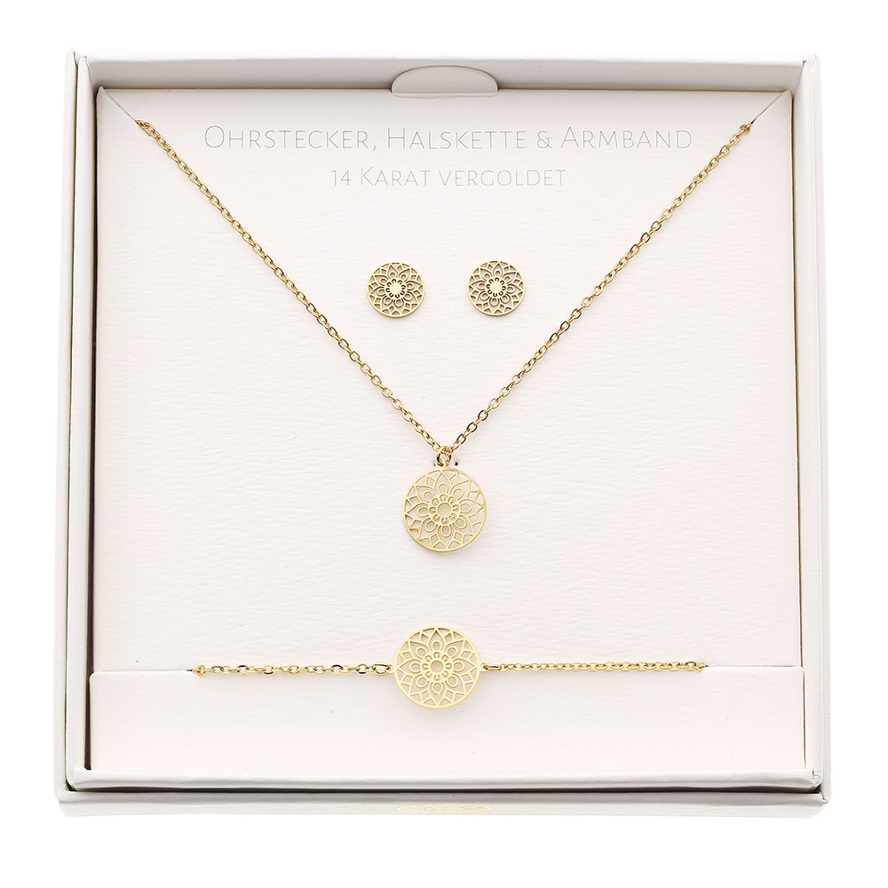 Geschenkset - Halskette-Armband-Ohrstecker - vergoldet -   Mandala des Glücks